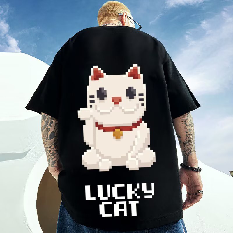 2022 Korean Version Men's Fashion Short Sleeve T Shirt Cartoon Pixel Game Lucky Cat Print Design Round Neck Oversized Shirt Men Plus Size Casual Top Unisex Essential Clothing