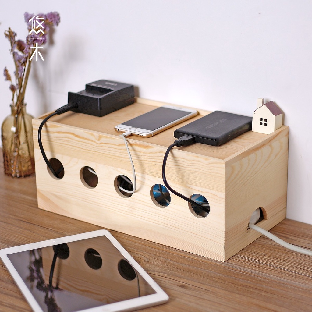 Solid wood cable box wire storage box power cord organizing wire box