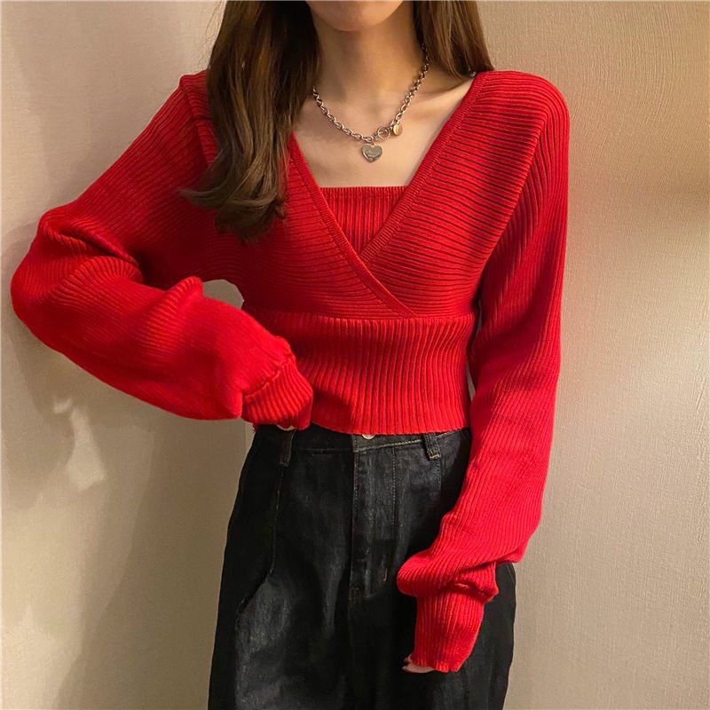 ?Opening Promo?Ready Stock? Women'S Apparel Tops ?New?Plus Size Autumn 2022 New Design Feeling Fake Two-Piece Square Collar Bottoming Shirt Short Joker Sweater Bubble Sleeve Sweater Women'S Clothing