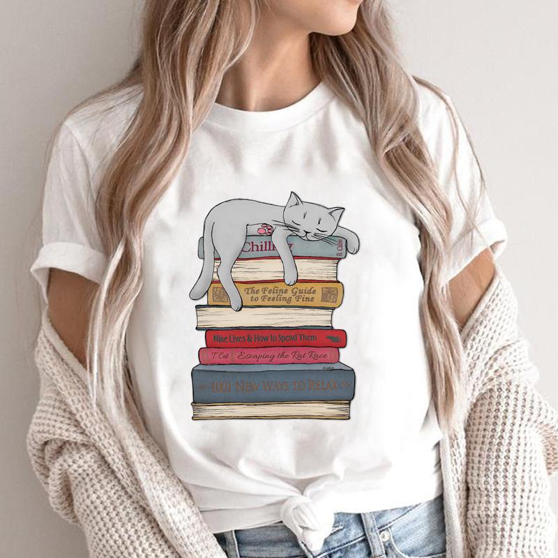 Clothing Short Sleeve Summer Top Women Books Cat Love Cartoon Female Clothes Basic Tee Print Graphic T Shirts Tops T-shirt