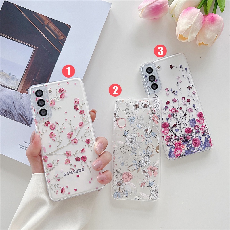 Pink Peach Beautiful Flowers Transparent TPU Soft Casing for SamsungS22+ S21+ S20+ Note20 FE Ultra Note9 S10 Plus Clear Drop-proof Case Creativity Cover