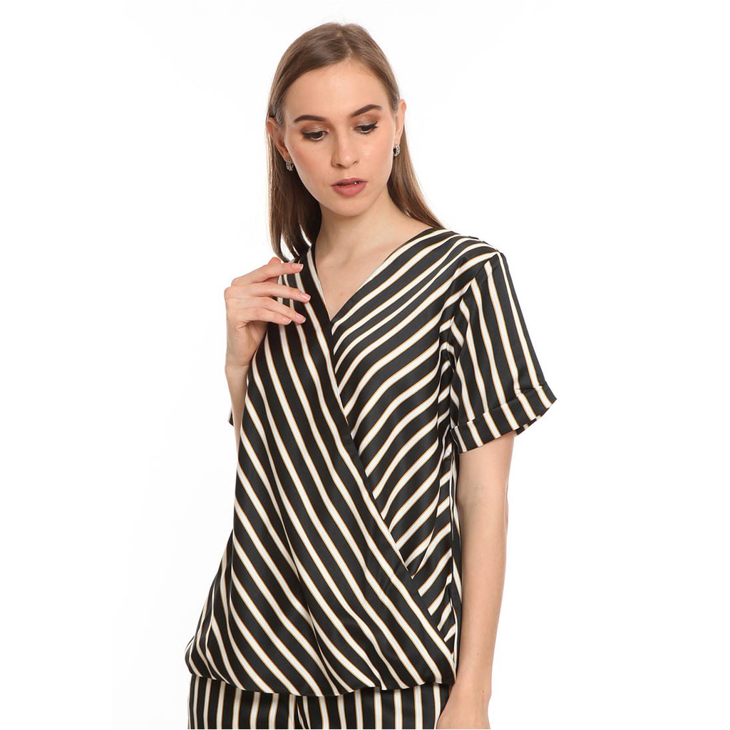 Basix - Taiya Top Black Blouse - Atasan Wanita Satin Stripe Hitam