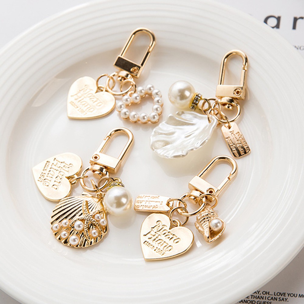 Creative Pearl Shell Keychain Cute Peach Heart Metal Charms Bag Pendant ...