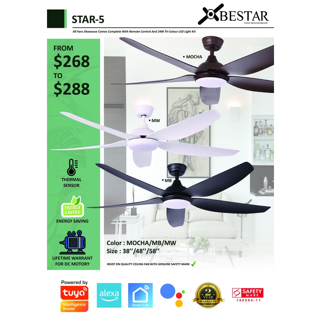 TUYA 38/48/58in Smart DC Motor LED Ceiling Fan (STAR5BESTAR) Shopee