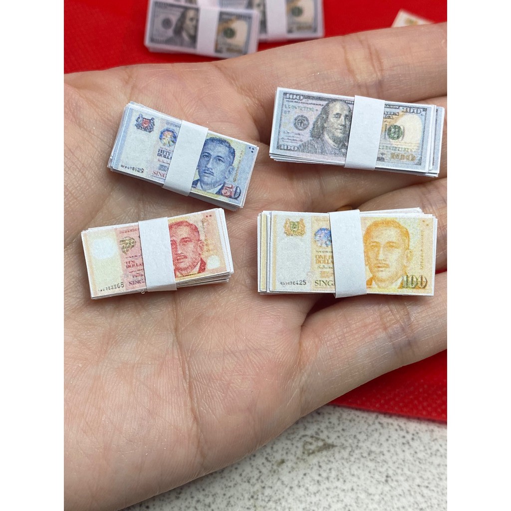(ONE SIDED/ FRONT PRINT) Handmade Miniature Notes, paper, stack of money, dollhouse, $10, $50, $100, $1000, USD$100