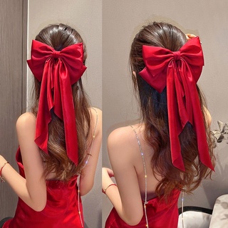 Temu 1Pcs Large Satin Bow Hairpin Solid Color Satin Hair Clip, Hair Pin, Hair Barrette Barrette Party Wedding Long Ribbon Hair, Christmas Gifts