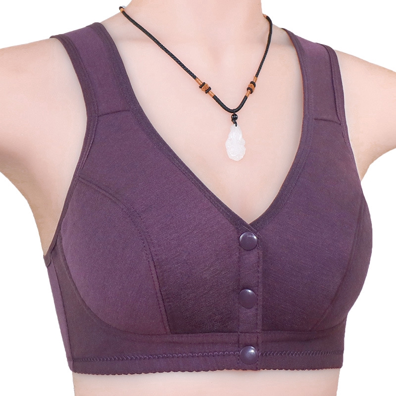 New smooth front button underwear women's cotton vest type middle-aged and  old bra large size steel ring free underwear women