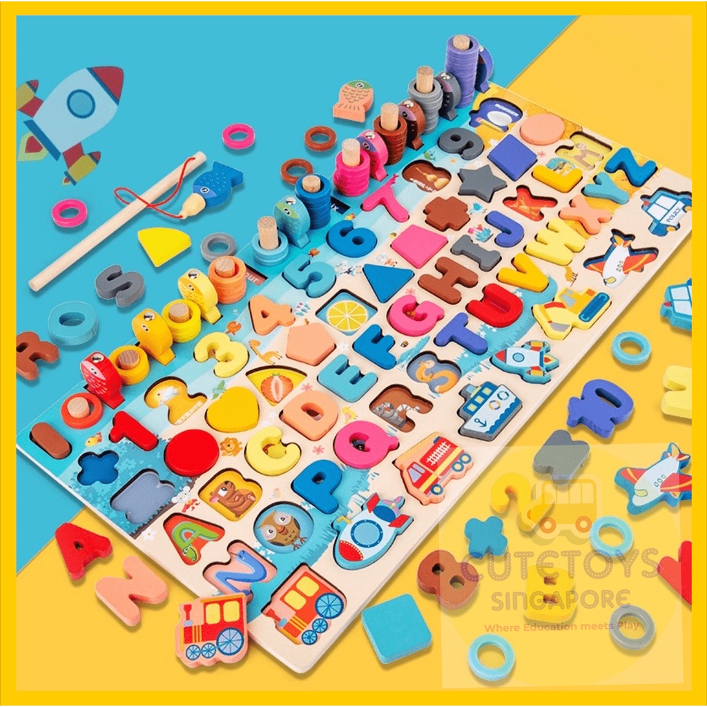 [SG STOCKS] 7in1 Kids Montessori Wooden Magnetic Board Educational Learning Board Toys Fishing Counting Sorting Stacking