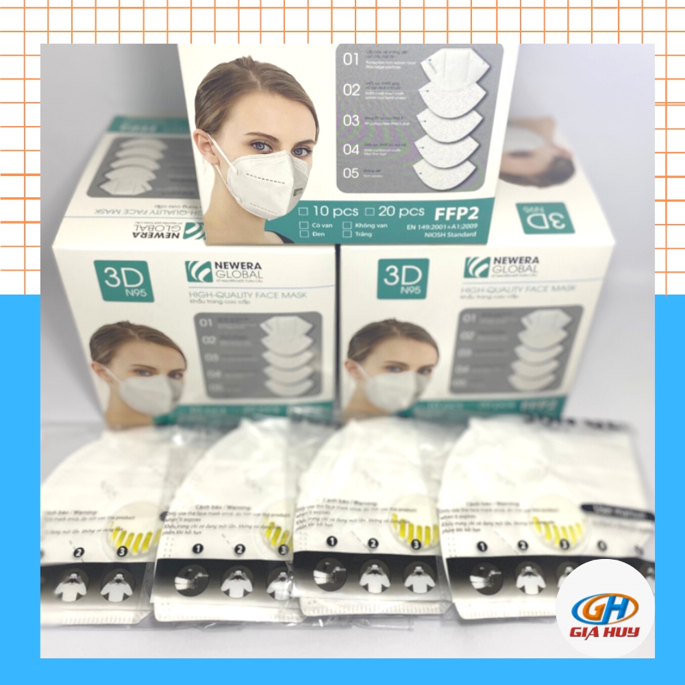 Box of 10 3D N95 masks with genuine NEWERA GLOBAL Valve 5layer
