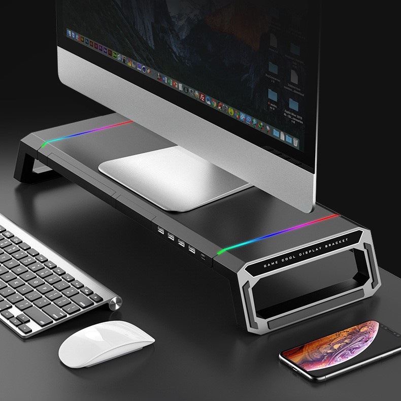 New! RGB Monitor Stand Riser + 4 USB ports Foldable Computer Riser ...