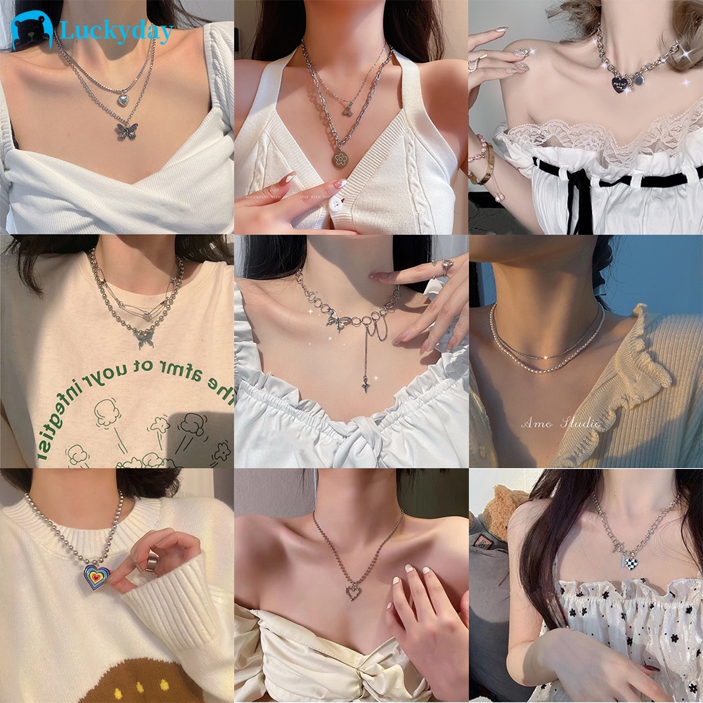 YEEZII Fashion Pearl Chain Necklace Butterfly Cherry Heart Pendant Necklaces Silver Multilayer Choker Necklace for Women Accessories Jewelry