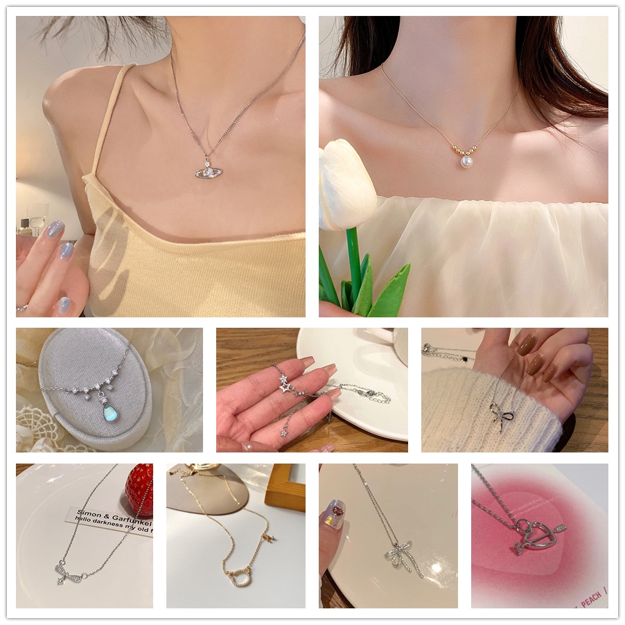 Fashion Women Jewelry Alloy Rhinestone Artificial Pearl Zircon Moonstone Heart Moon Flower Bear Butterfly Drop Pendant Necklace