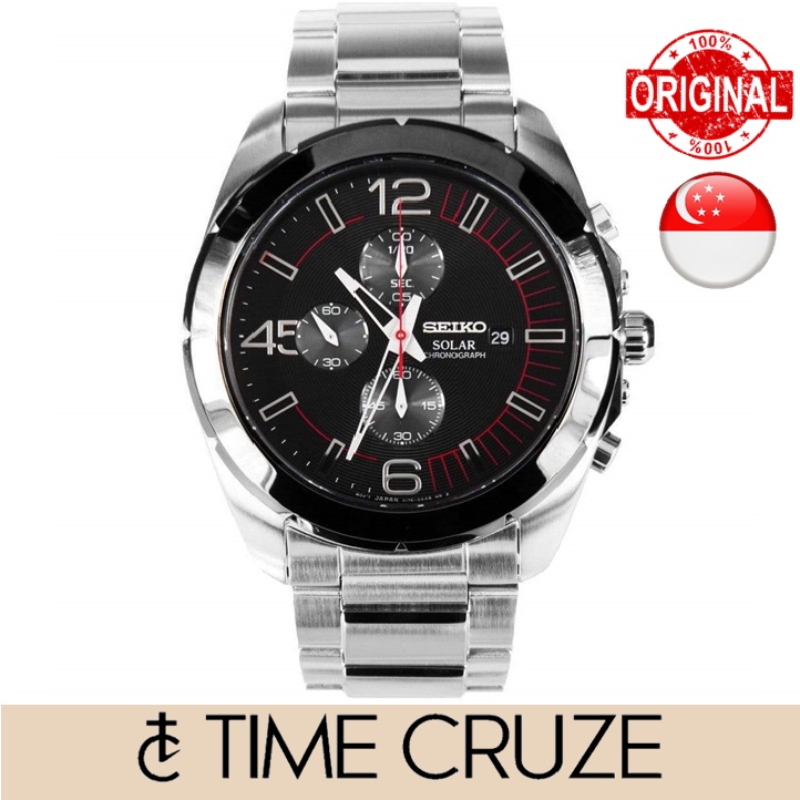 Time Cruze Seiko SSC215 Solar Chronograph Stainless Steel Black Dial Watch SSC215P1 SSC215P