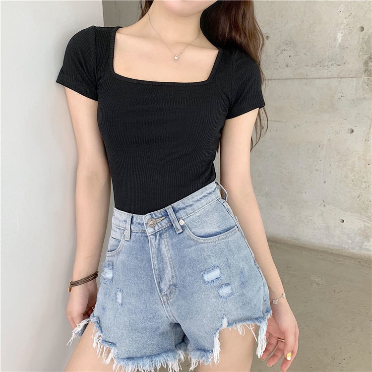Short-SleeveTT-shirt Summer Women's Clothing New Slim Fit Slim and Sexy Square Collar Knitted Short High Waist Top