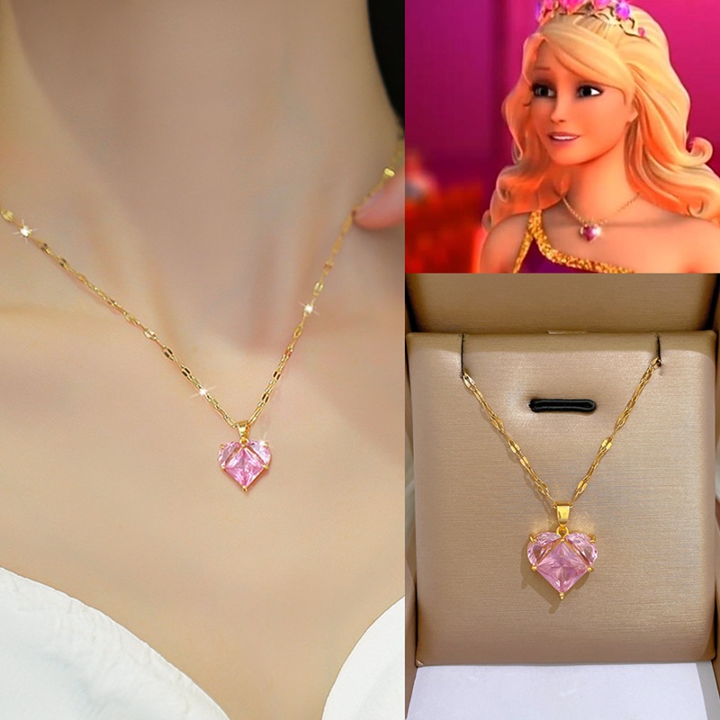18K Gold Barbie Necklace Pink Cubic Zirconia Heart Pendant Necklace Woman Fashion Jewelry Accessories Hypoallergenic