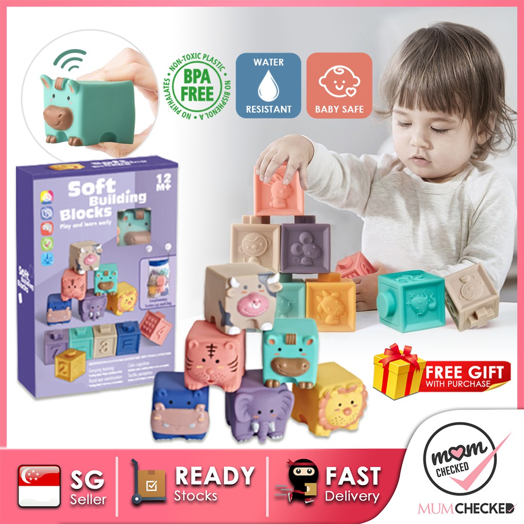 [SET OF 6/12] BABY BLOCKS | SOFT BUILDING BLOCKS TOYS | SENSORY TEETHING SQUEEZE TOY | NUMBER ANIMAL SHAPE |MUMCHECKED