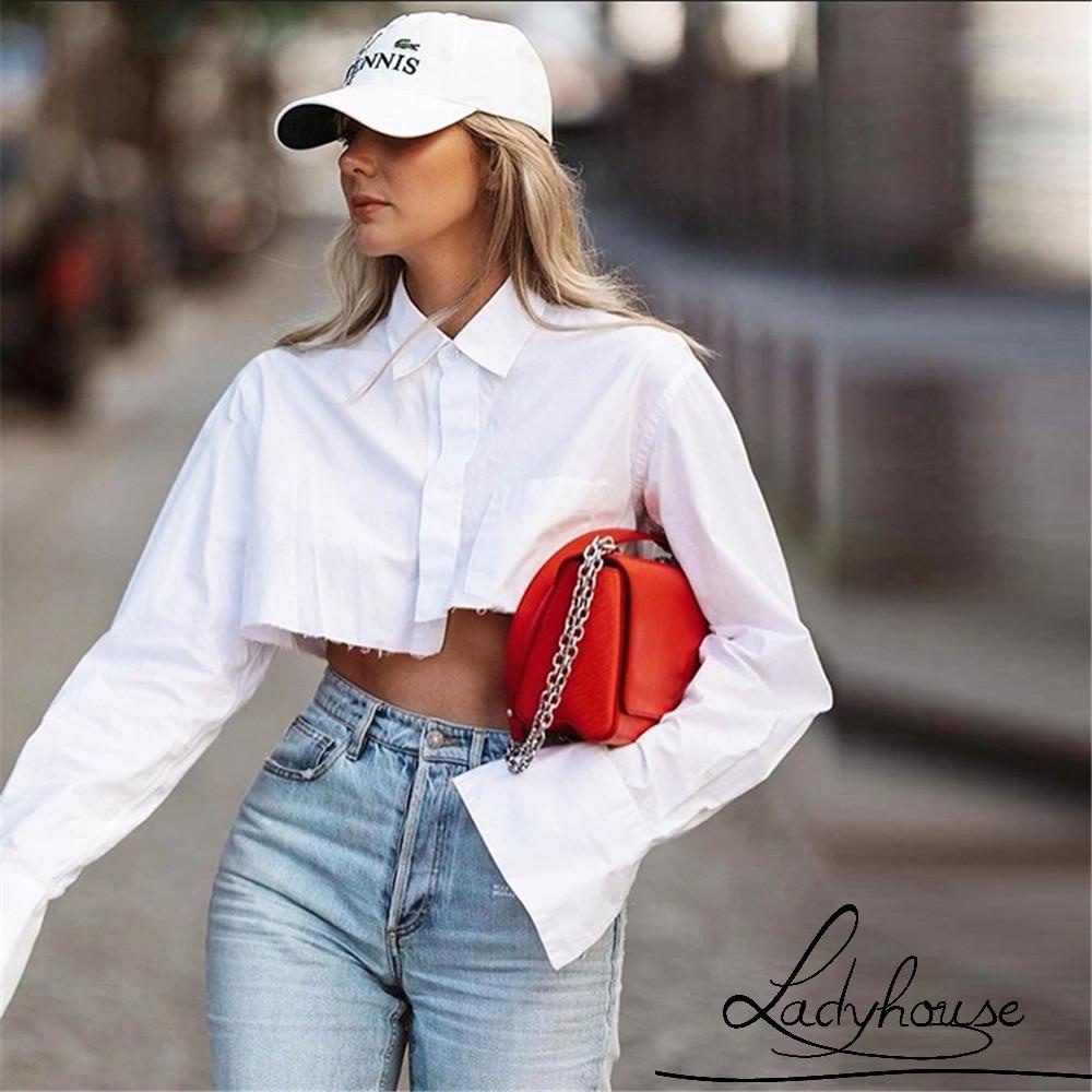LD-Women Crop Shirt,Turn Down Collar Exposed Navel Solid Color Irregular Design Spring Clothing