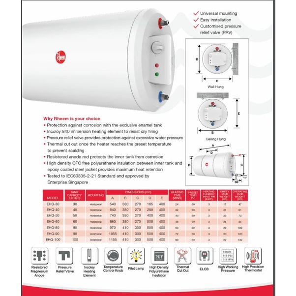 Product image Rheem EHG 30/40/50 /60/80/100 Horizontal Electric Storage Heater |LOCAL WARRANTY |FREE Delivery 3