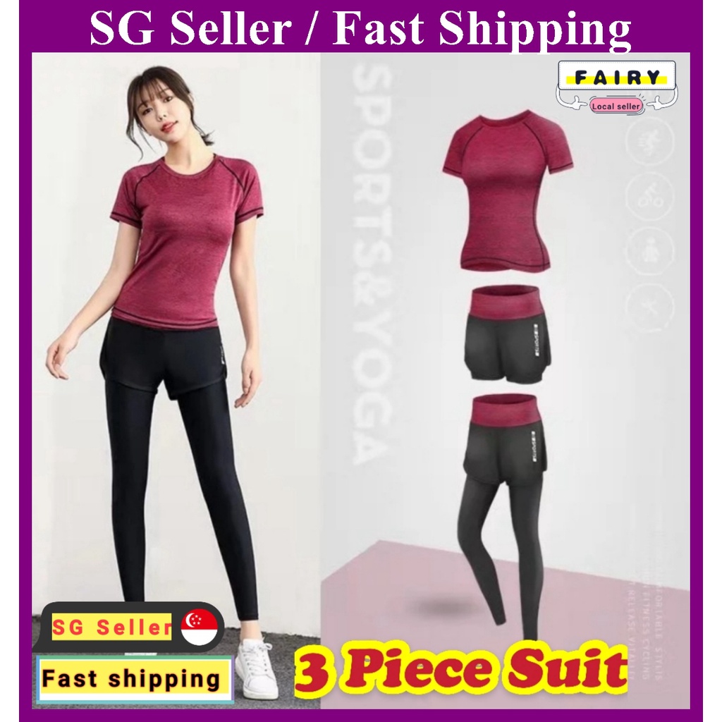 (SG Seller)Women Yoga Set High Waits Long Pants T Shirt Sport Suit Workout Fitness Running Training Gym Sportswear