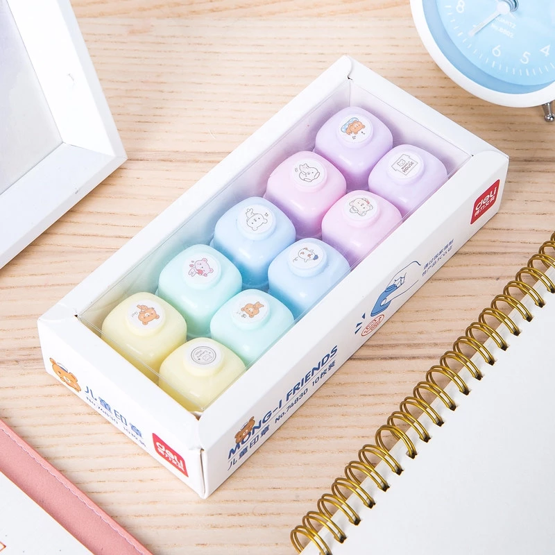 Deli Stempel Gambar Kartun 10 PCS/Box dengan 4 Warna Cerah 74830 - Gambar 4