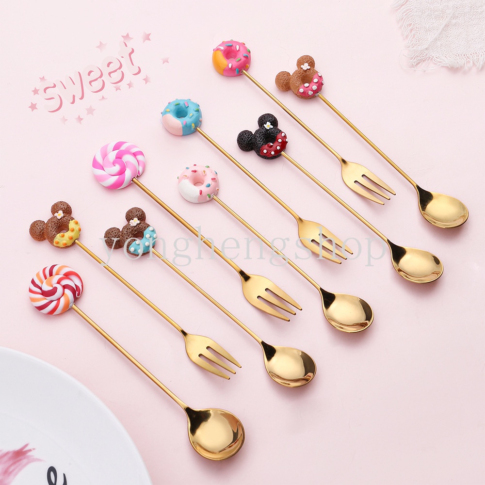 Cute Stainless Steel Donut Lollipop Spoon Fruit Forks Teaspoon Milk ...