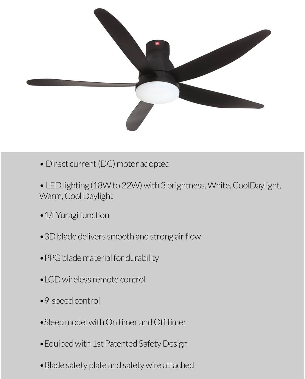 KDK U60FWS-BK 150CM CEILING FAN W LED LIGHT SHORT ROD (INSTALLATION NOT ...