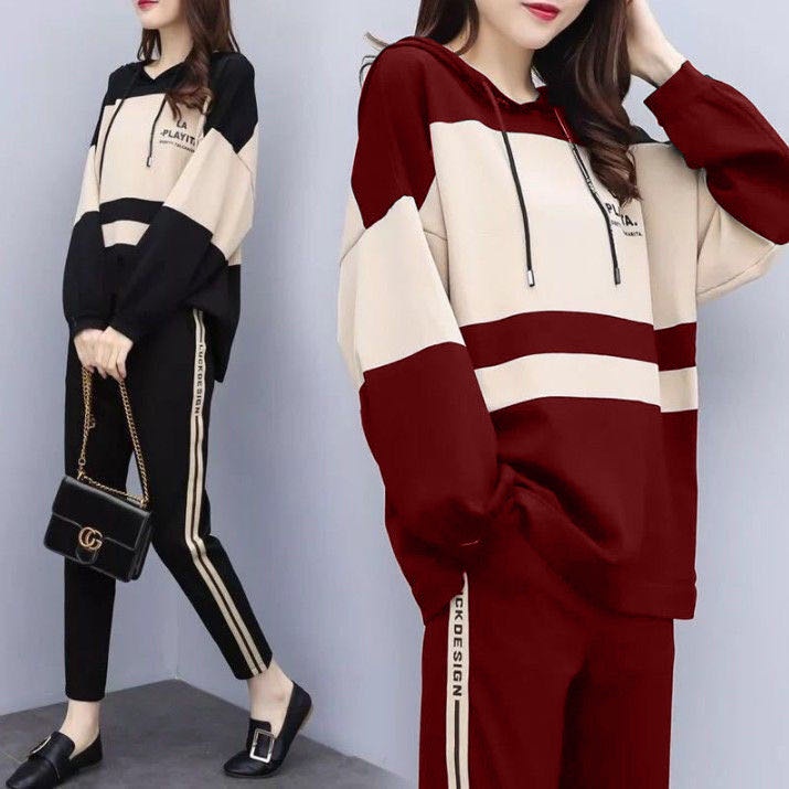 2 Pcs/Set Korea Ladies Casual Fashion Sportswear Women Student Track Suit Set Wear Loose Hoodie + Sweatpants Spring