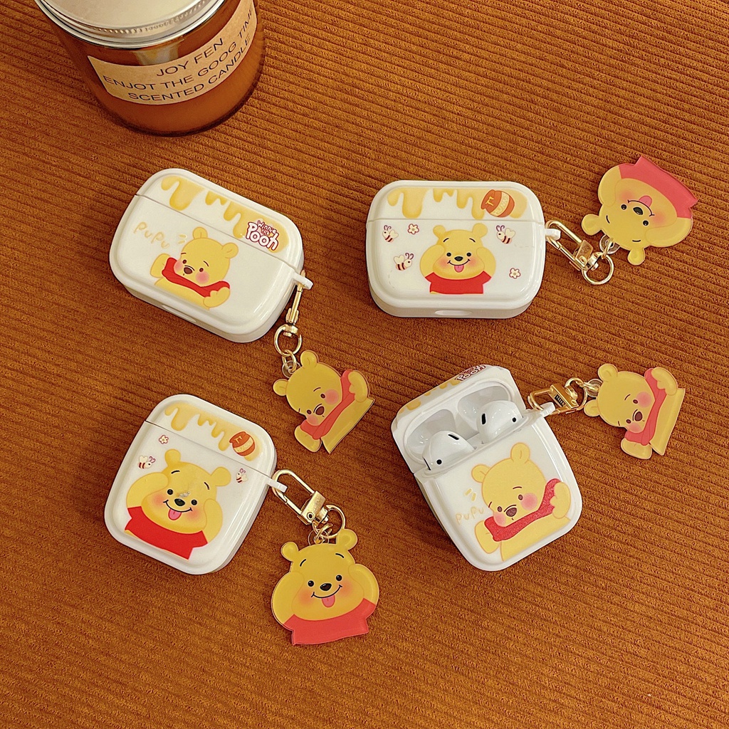 For Airpods 1 2 3 Pro Cartoon Happy Honey Pot Pooh Bear with Pendant Soft TPU Earphone Cover Protective Shell