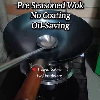 13.5 Pre-Seasoned Carbon Steel Flat Bottom Wok Hand Hammered, No Coating  (Blue)