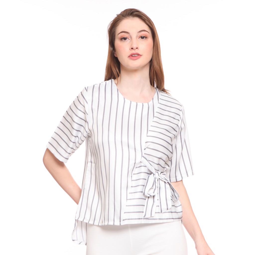 Basix - Caroline Two Toned Black & White Blouse - Atasan Satin Stripe