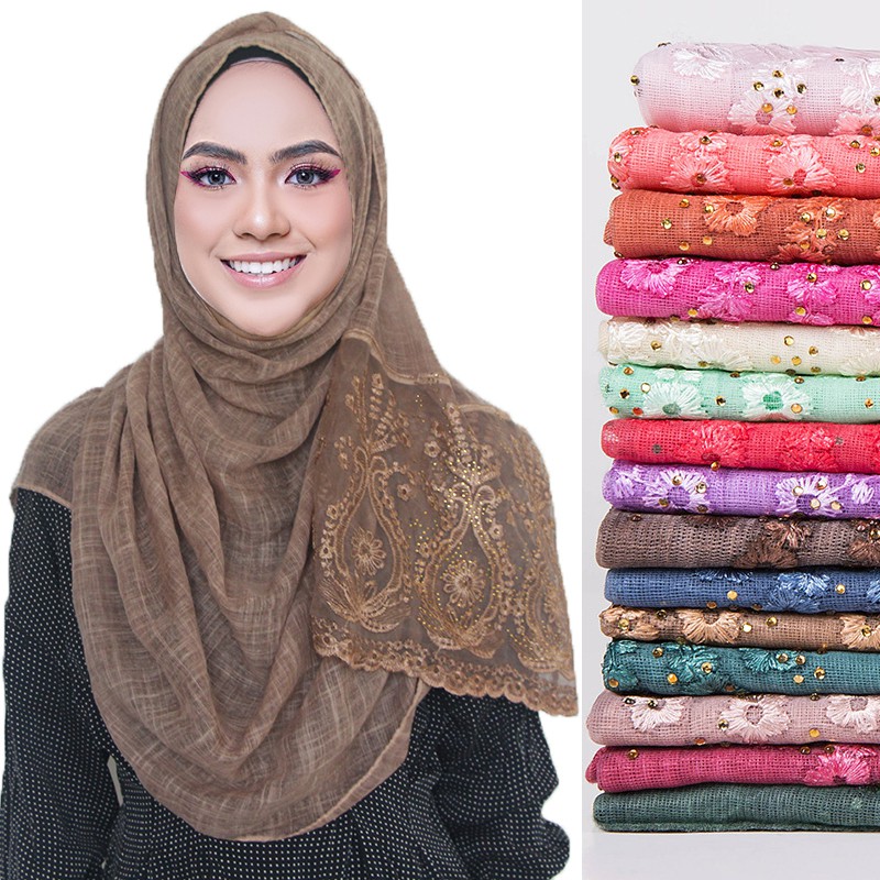 Jifang Embroidery Floral Lace Soft Cotton Hijabs Scarf Muslim Ladies