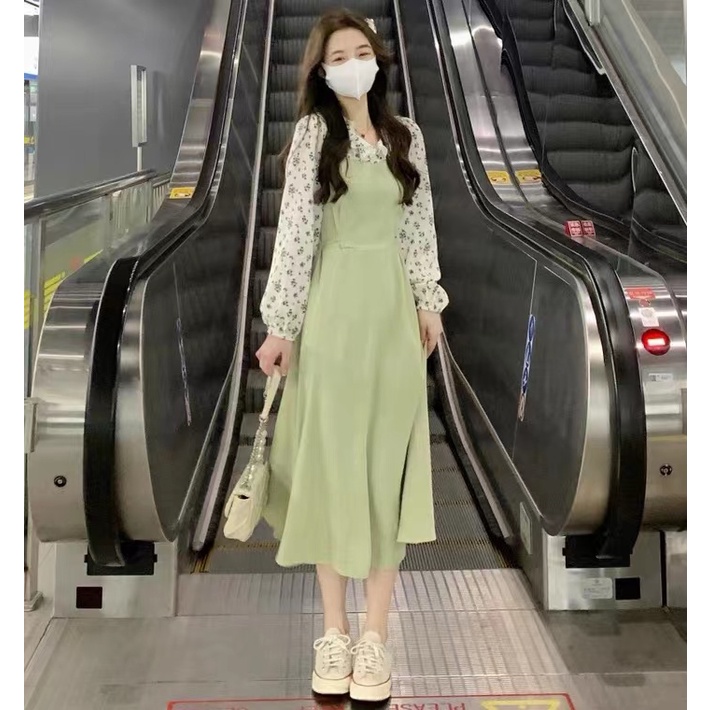 (S-5XL)Autumn new fake two-piece floral dress large size French stitching long-sleeved A-line midi skirt