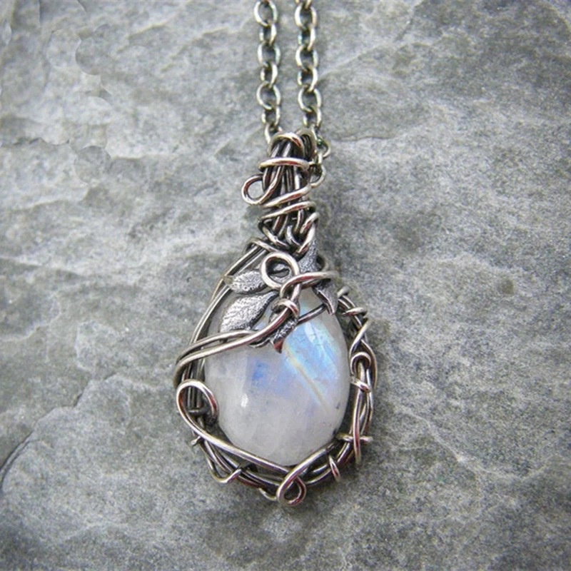 Jewelry Moonstone Necklace Women s Pendant Retro Boho Leaves