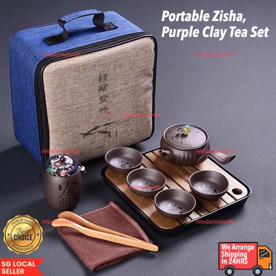 [SG Stock] Portable Tea Set, Zisha Tea Set, Handmade Purple Clay Teapot