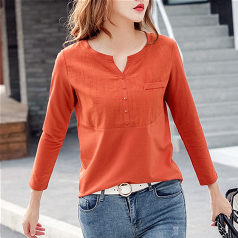 Women Long Sleeve V Neck Cotton Pocket Tee Casual Ladies Button Female Plus Size T-Shirts Clothing