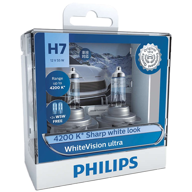 Philips WhiteVision Ultra Car Headlight Halogen Bulb Free 2 X W5W LTA Approved 4200K