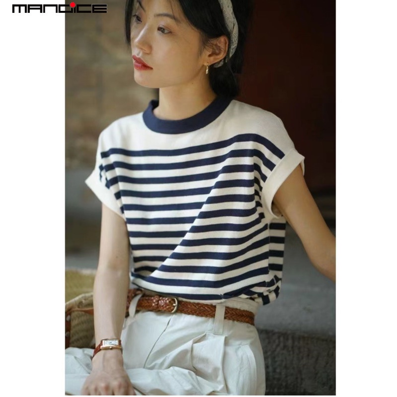 Mandice Korean Version Knitted Sweater Fashion Striped Loose Women's Clothing Short Sleeve Top