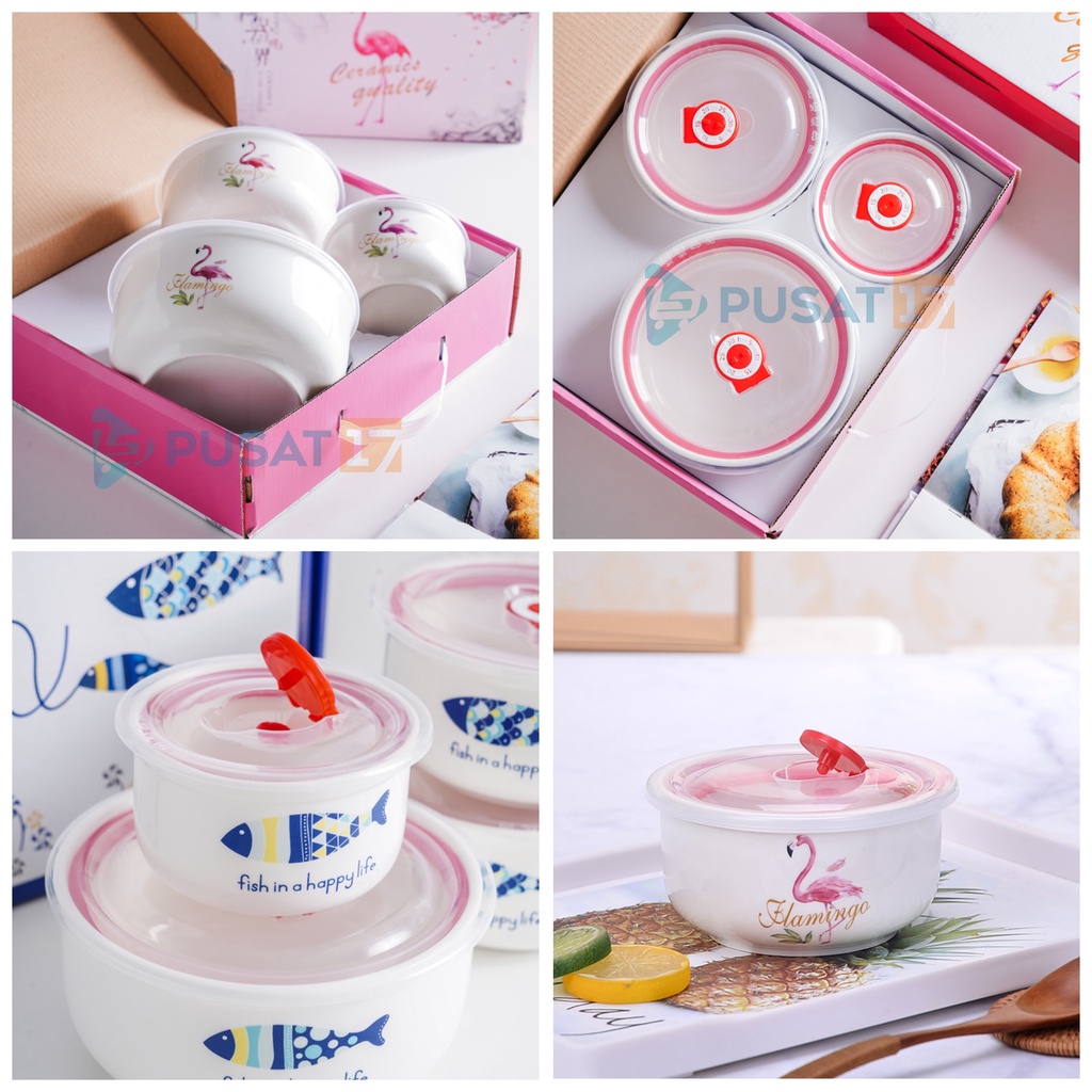PUSAT17 MANGKOK KERAMIK SET 3PCS PENUTUP SEAL KEDAP UDARA / CERAMIC BOWL SET 3IN1 MANGKUK SOUVENIR KADO HADIAH GIFT BOX - Gambar 2