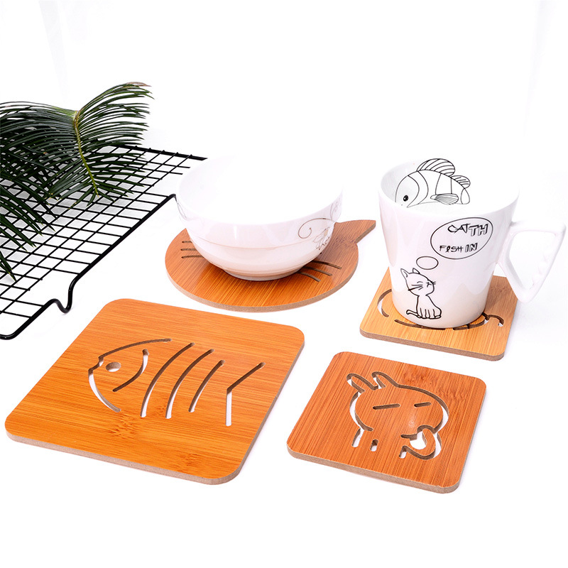 Kitchen bamboo hollow wooden coaster thick anti-scalding cartoon ...