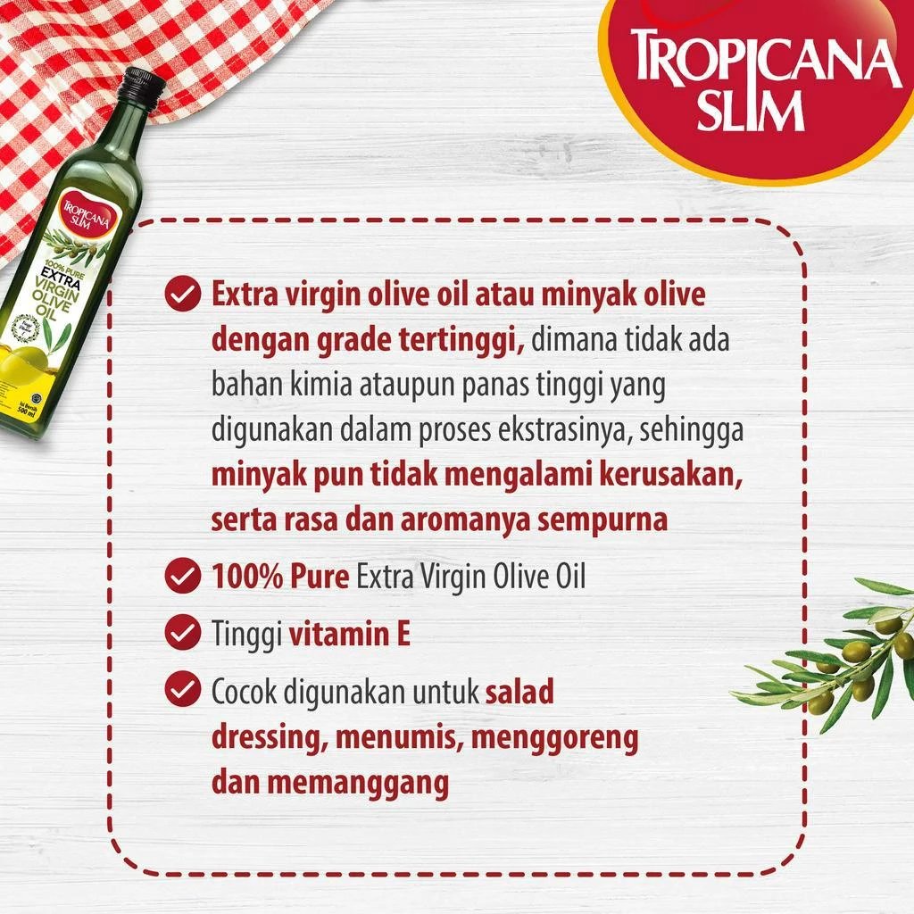 Tropicana Slim Extra Virgin Olive Oil 500ml - 100% Pure Extra Virgin Olive Oil - Gambar 3