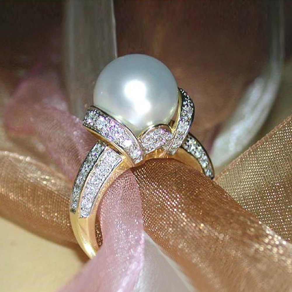 100 solid 925 Sterling Silver Elegant Imitation Pearl Gold Color Wedding Rings Women Shiny CZ