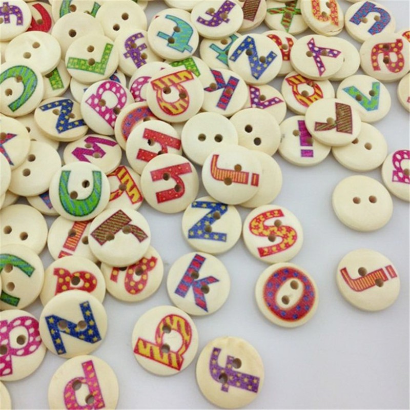 100pcs Alphabet Pattern Wooden Buttons Fit Sewing and Scrapbook 15mm ...