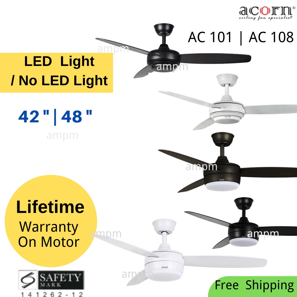 Acorn Ceiling Fan With LED Light 42 48 inch Black White AC101 Remote