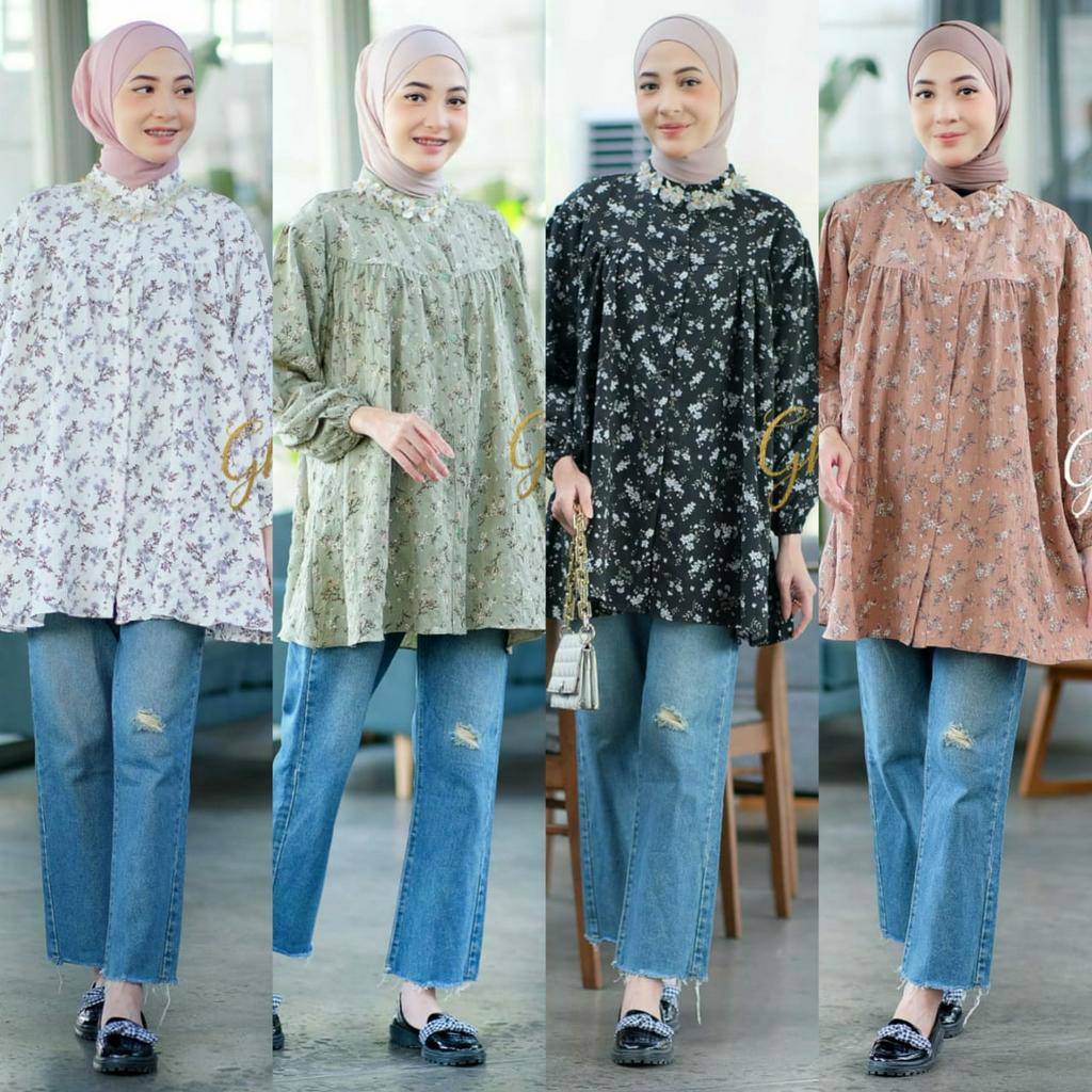 KEMEJA Muna Blouse By Dannis The Label/Muslim Women's Tops Blouse Jumbo Kelly Crinkle Premium Floral Print Brocade LD 110/modern Muslim Shirt Beautiful Full Button/Latest Korean Style Blouse Women's C