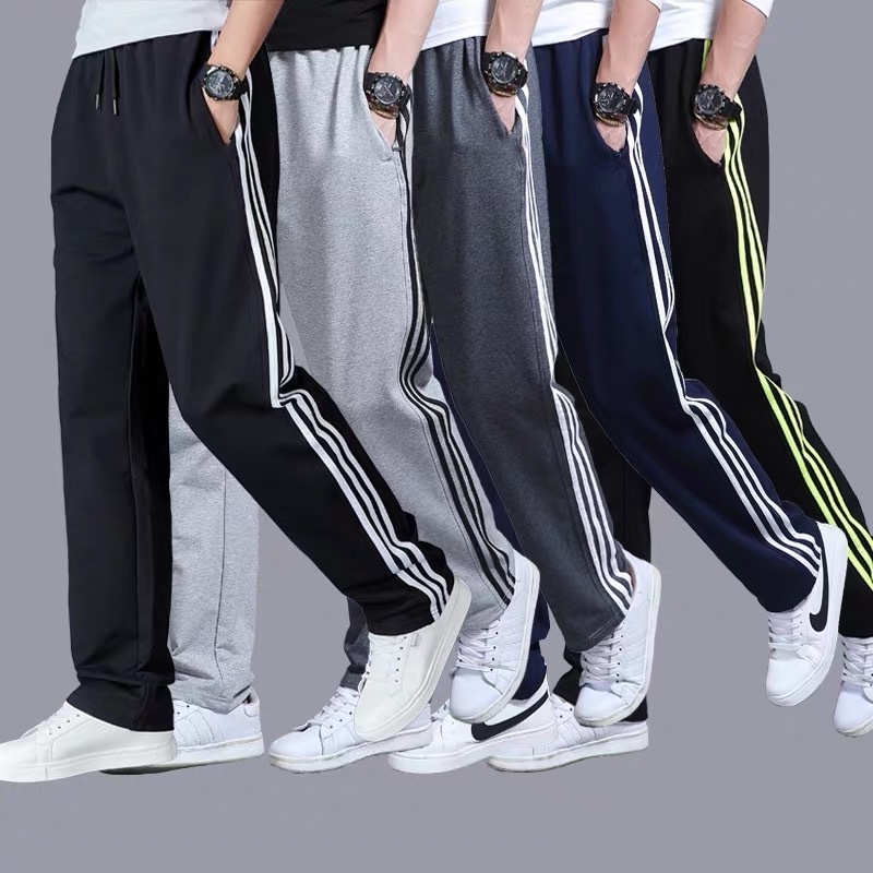 L-5XL Men's Loose Sports Pants Cotton Striped Drawstring Jogger Pants