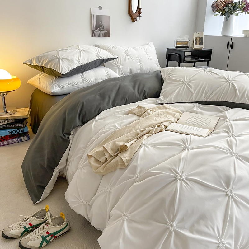 4 IN 1 Plain Dyed Bedding Set With Pleat Single Queen King Size White