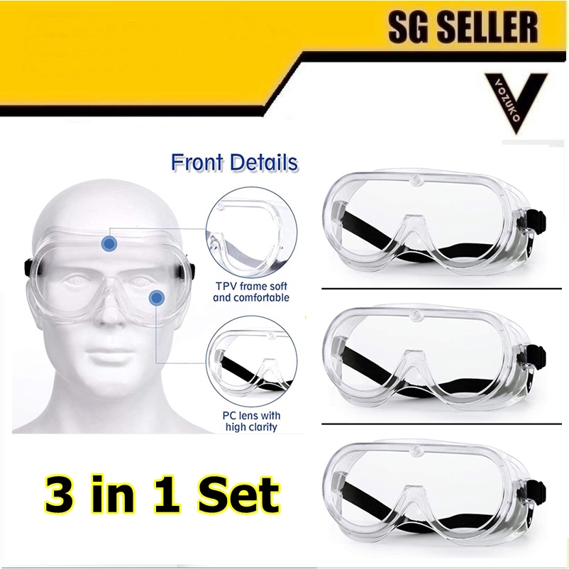 3 SET Anti Fog Clear Plastic Goggle Safety Splash Goggle Personal ...