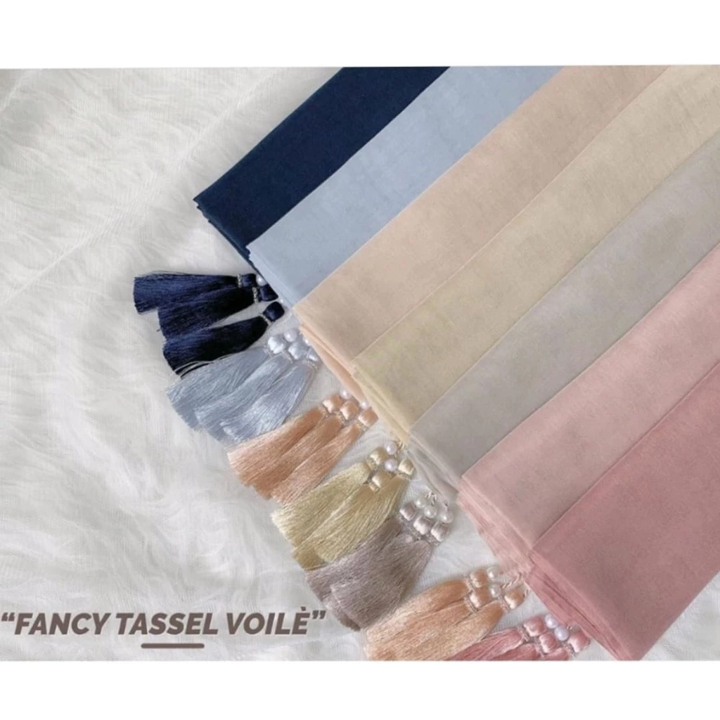 Hijab Segiempat Laser Pompom Tassel Mutiara / Jilbab Segi Empat Jambul Oscara Polos - Gambar 3