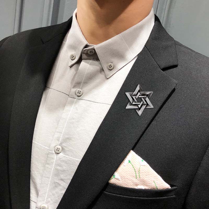 HighEnd Hexagonal Star Brooch Men's Suit Collar Pin Female Accessories
