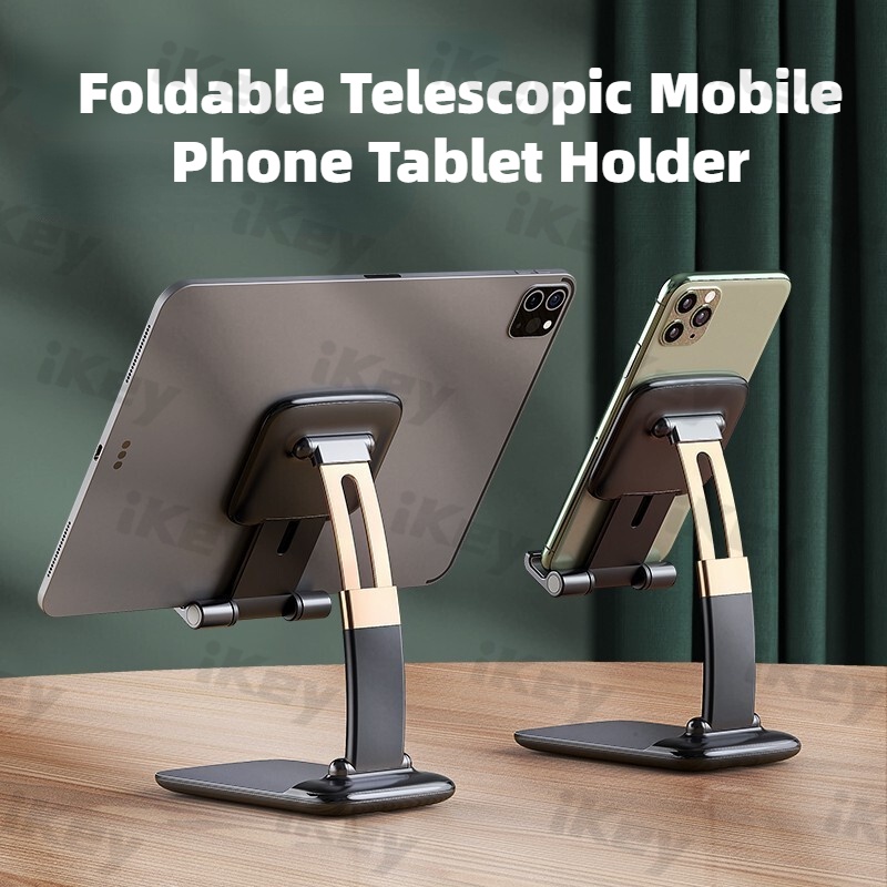 iKey Portable Tablet Phone Holder For iPhone Xiaomi Android Foldable Desk Phone Holder Adjustable Telescopic Braket Gravity ABS Metal Folding Stand Lazy Holder Smartphone Stand